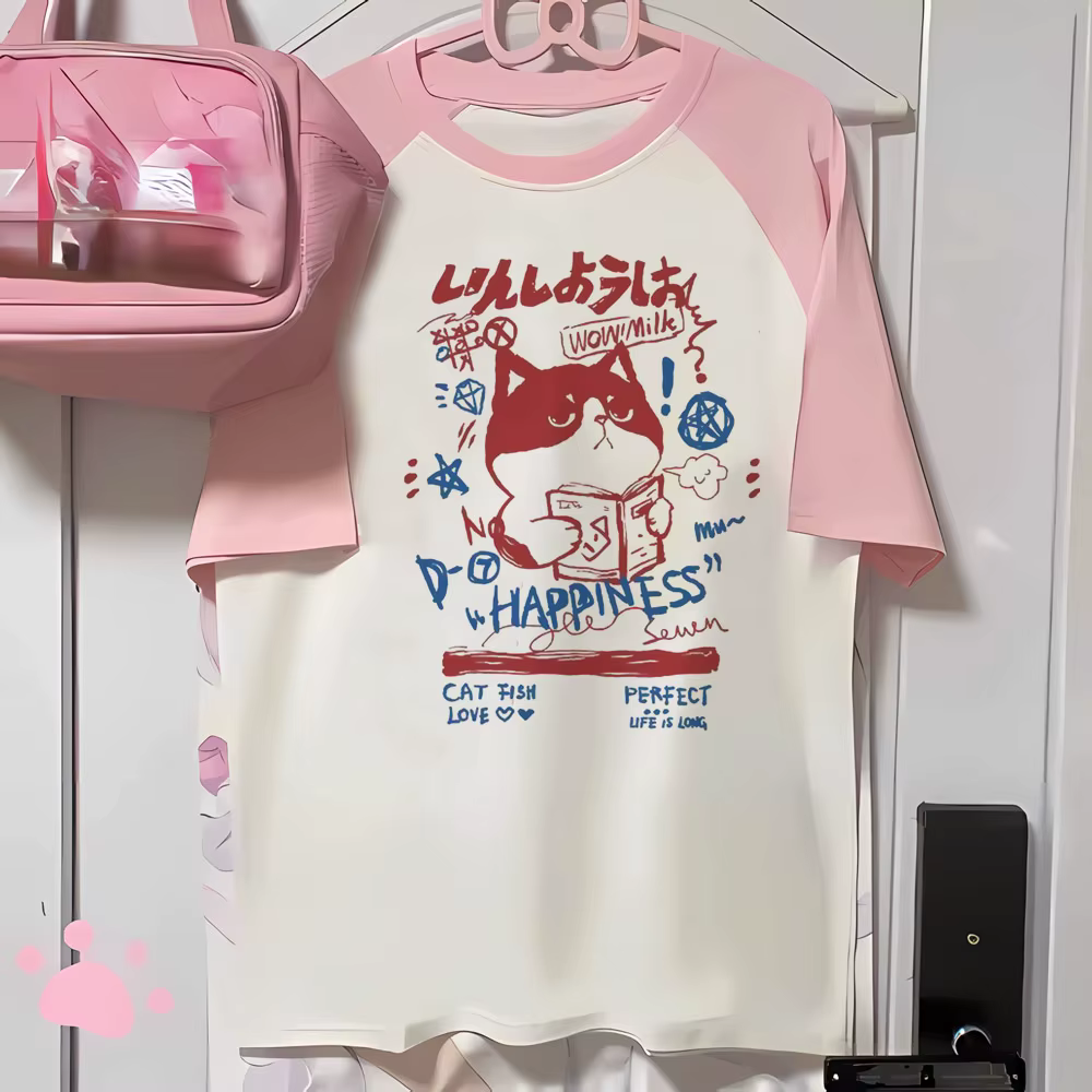 T-shirt à Manches Courtes pour Femme, Streetwear, Grunge Japonais, Esthétique Y2k, Harajuku, Dessin