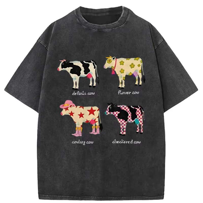 T-shirt tendance en coton pur avec imprimé vache de dessin animé, col rond, style neutre, nouvelle c