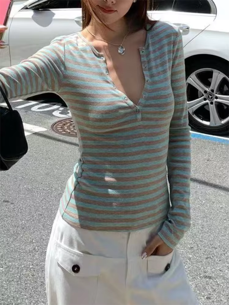 Vintage rayé mignon t-shirts femmes mode coréenne bouton fée Grunge T-Shirt Y2K vêtements décontract