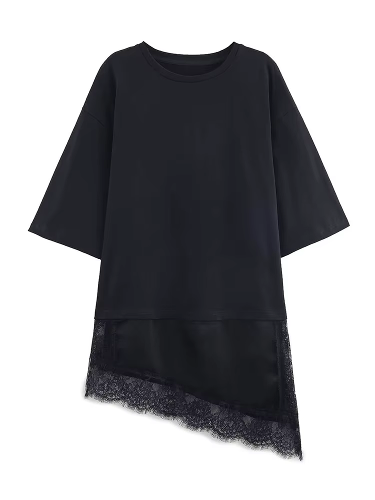 T-shirt asymétrique vintage pour femme avec empiècement en dentelle satinée, coupe ample, idéal pour