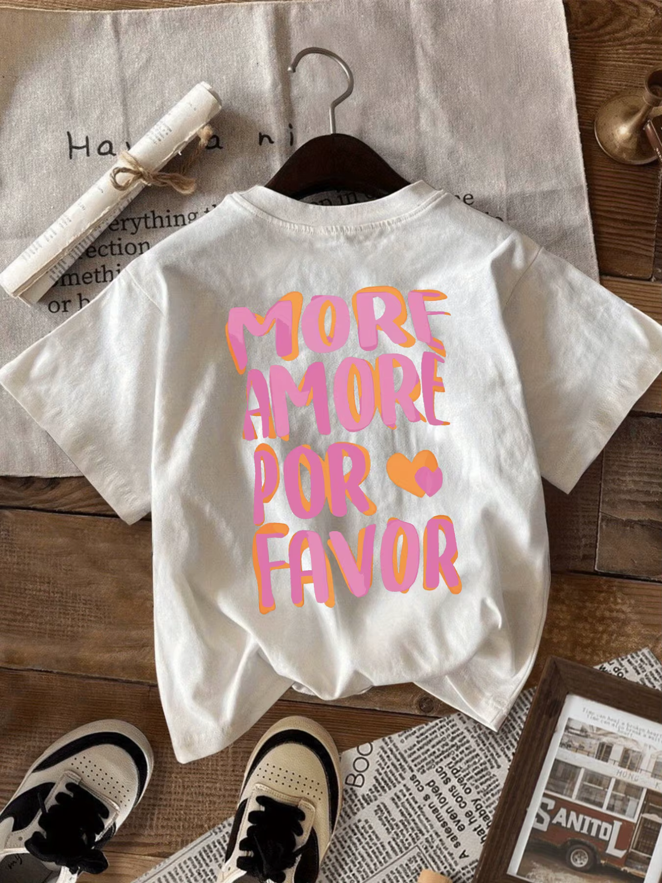 PLUS AMORE POR FAVOR T-Shirt manches courtes col rond femme imprimé rose avec coeurs Harajuku manche