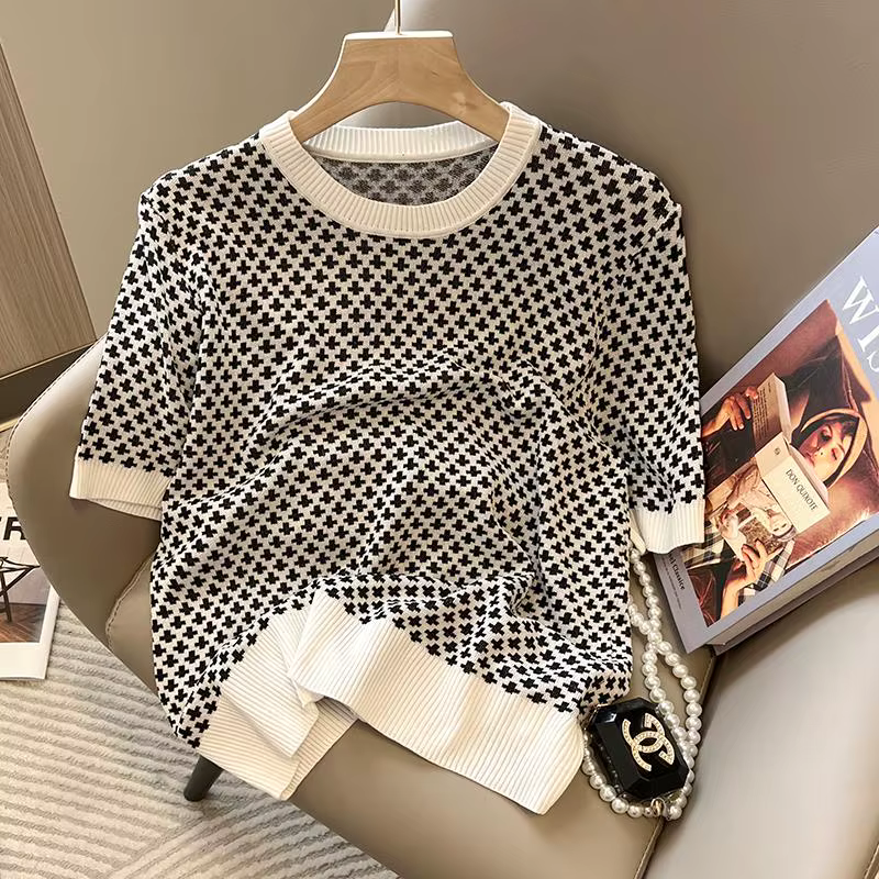 Pull tricoté à carreaux élégant pour femmes, manches courtes, col rond, Streetwear, Vintage, Chic, m