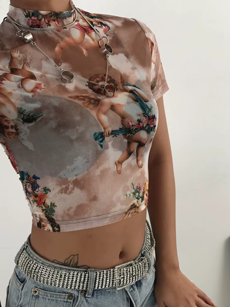 T-shirt manches courtes col haut femme, streetwear, sexy, en maille, imprimé ange, Harajuku, offre s
