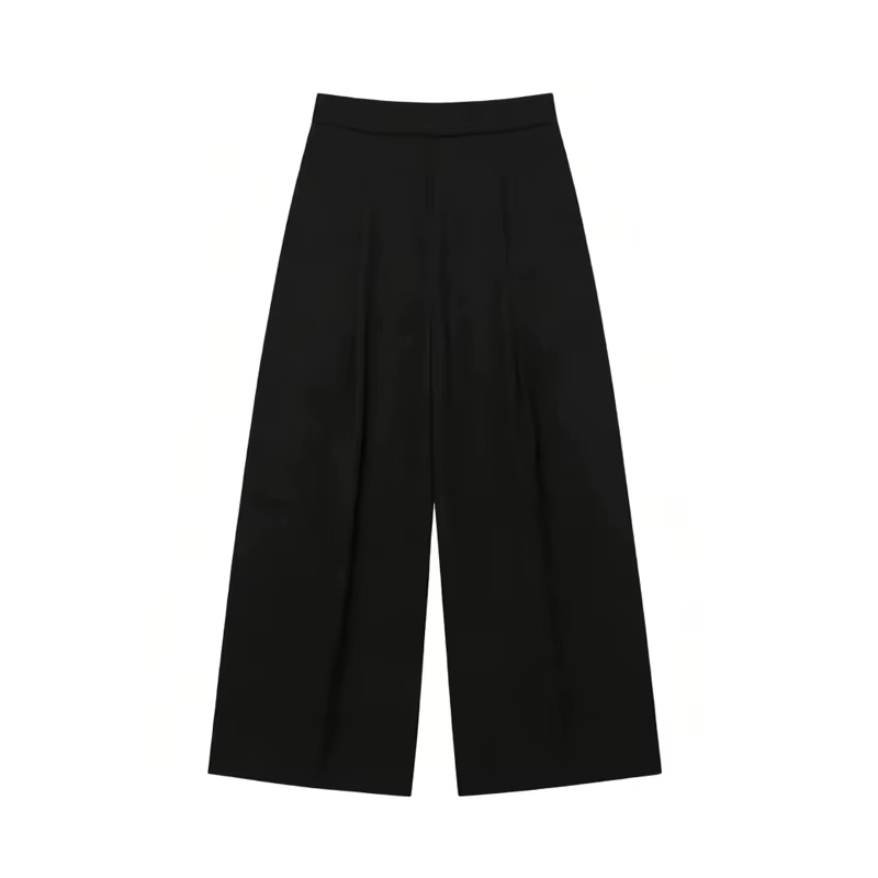 Pantalon Baggy Noir Plissé à Jambes Larges Rayé Décontracté Taille Haute pour Femme Printemps