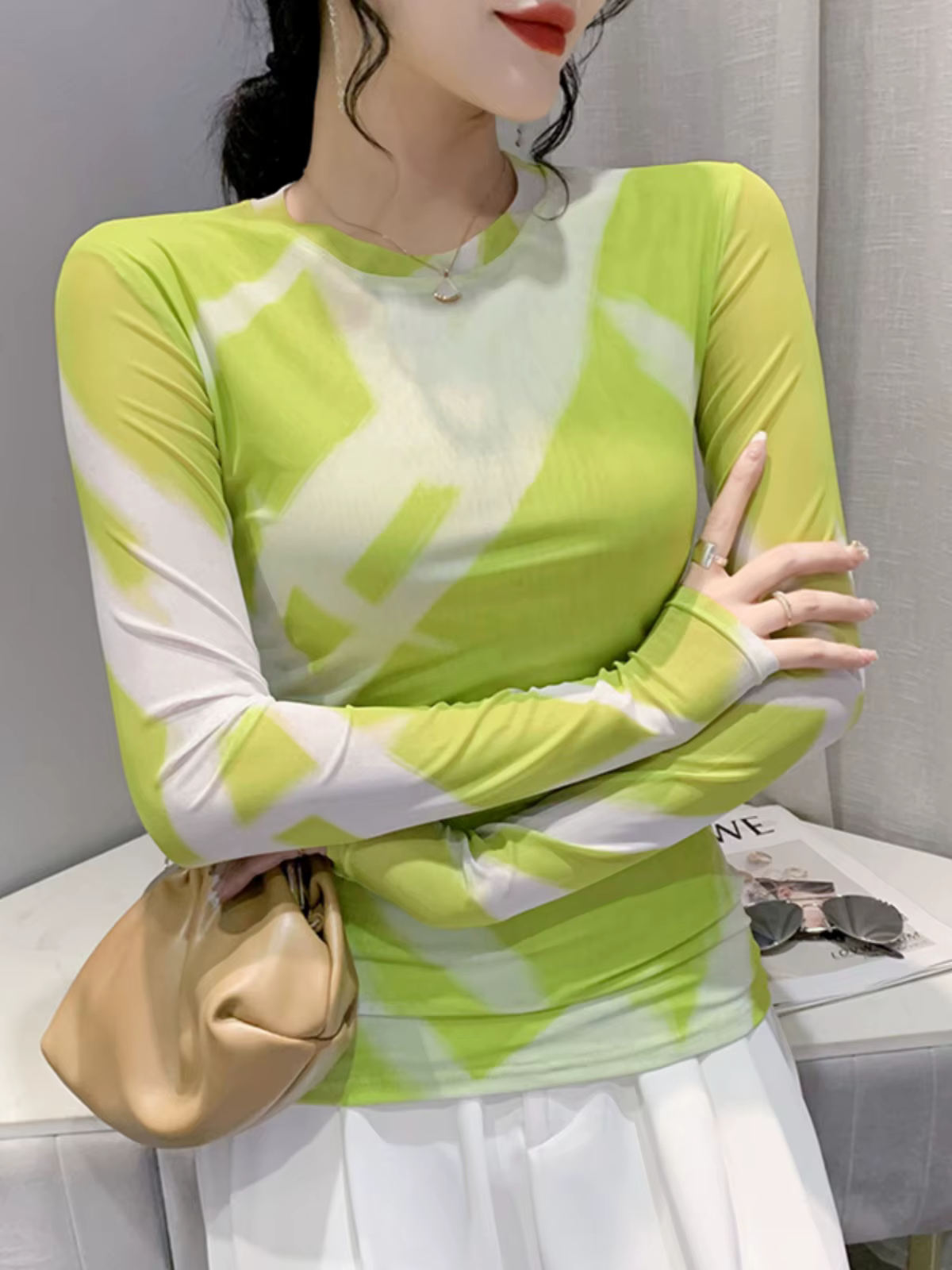 T-shirt imprimé à manches longues et col rond pour femmes, Économie en maille double couche, Slim, A