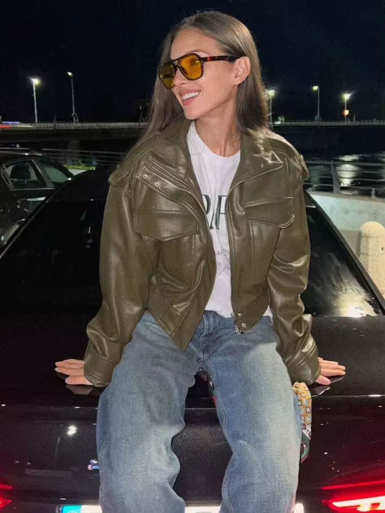 HH mode printemps femmes Faux cuir recadrée veste 2026 Vintage col rabattu fermeture éclair manches 