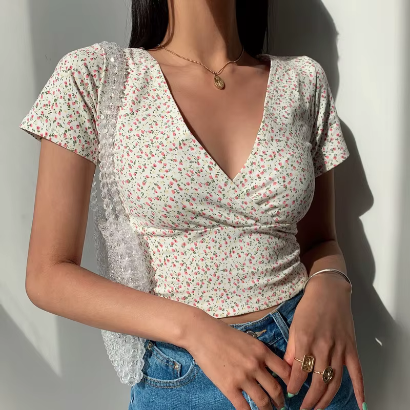 T-shirt Manches Courtes Col V pour Femme, Haut Français Rétro Floral, Slim, Amincissant, Sauvage, Ét