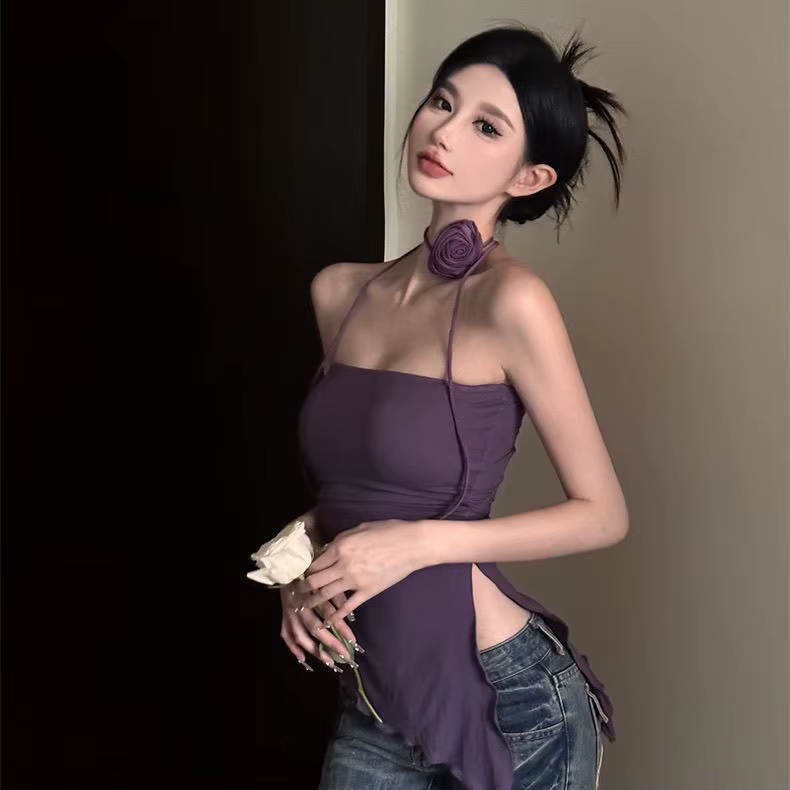 Débardeur à fleurs vintage pour femmes, débardeur violet Y2k, licou, court, tempérament Y, fente lat