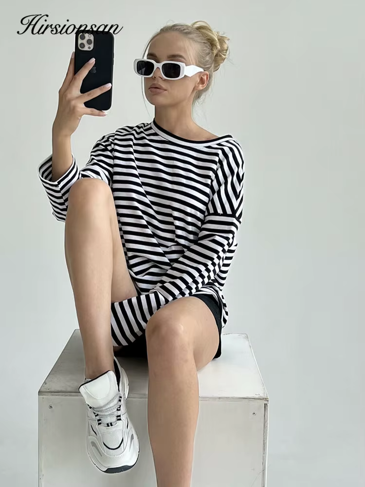 Hirsionsan – t-shirt rayé à manches longues pour femmes, 2023 coton, surdimensionné, décontracté, Ch