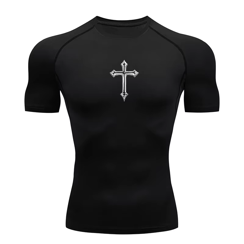 Chemise de compression à imprimé croisé pour hommes, t-shirt athlétique chrétien, hauts d'entraîneme
