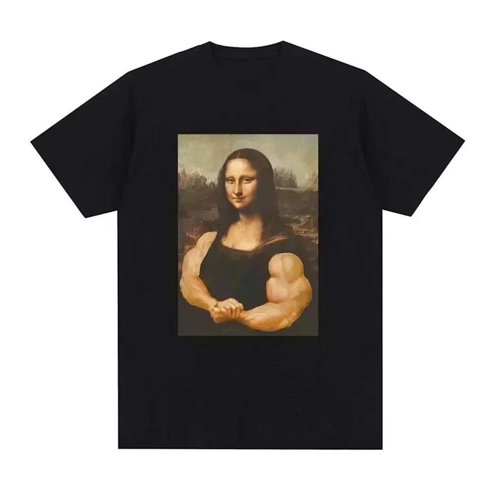 Drôle Mona Lisa Fitness T-shirt Muscles Gym Décontracté Graphique Manches Courtes T-shirts Unisexe M