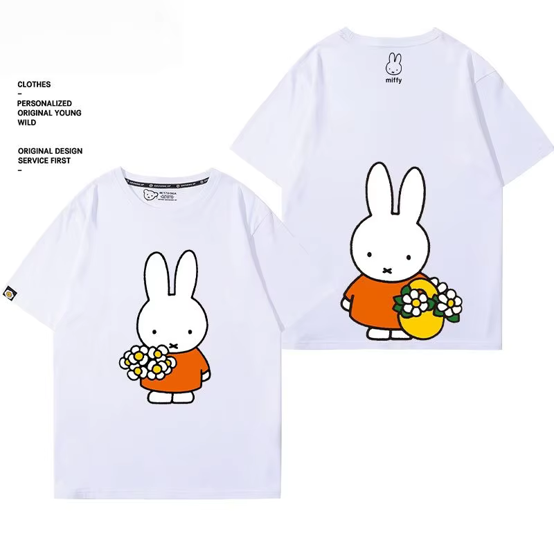 T-shirt Kawaii Miffy 100% coton, imprimé lapin de dessin animé, t-shirt d'été confortable pour enfan