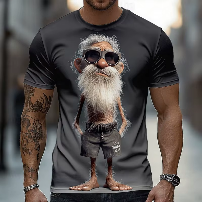 T-shirt drôle imprimé en 3D pour hommes, motif homme âgé cool avec lunettes de soleil et bière, déco