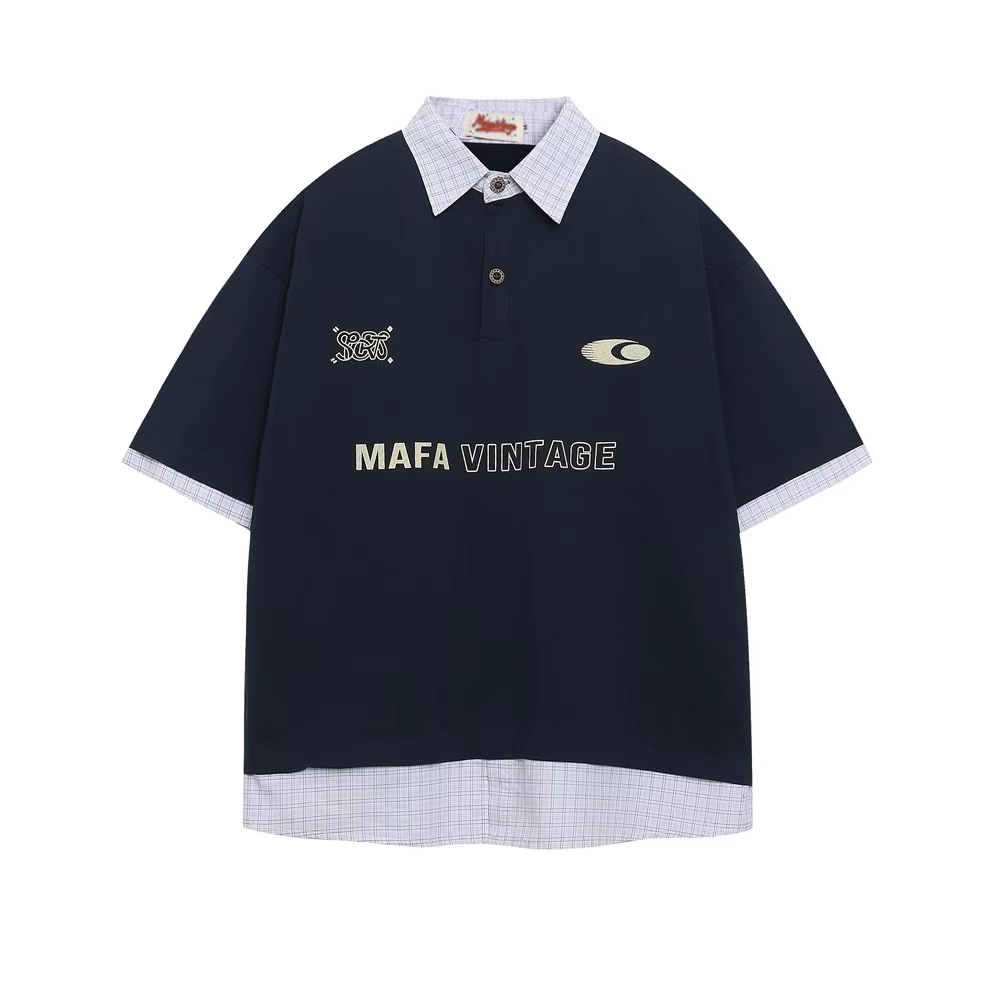 Lettre imprimer faux deux pièces polos hommes décontracté Streetwear été ample à manches courtes cou