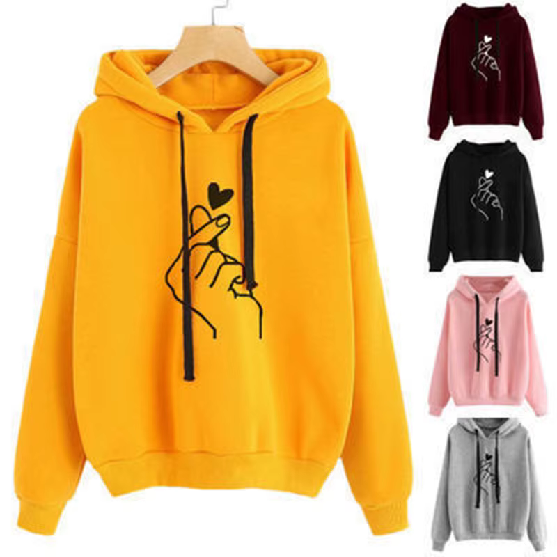 Automne sweat à capuche polaire couleur unie doigt coeur à capuche mode coréenne sweats à manches lo