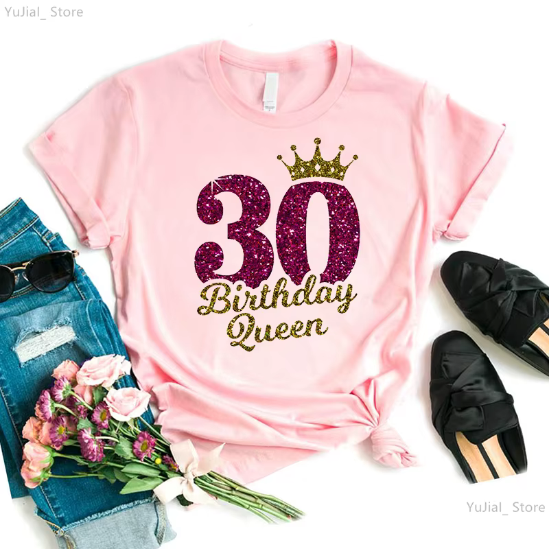 30th anniversaire reine lettre impression T-Shirt femmes couronne dorée Cool T-Shirt Femme été à man