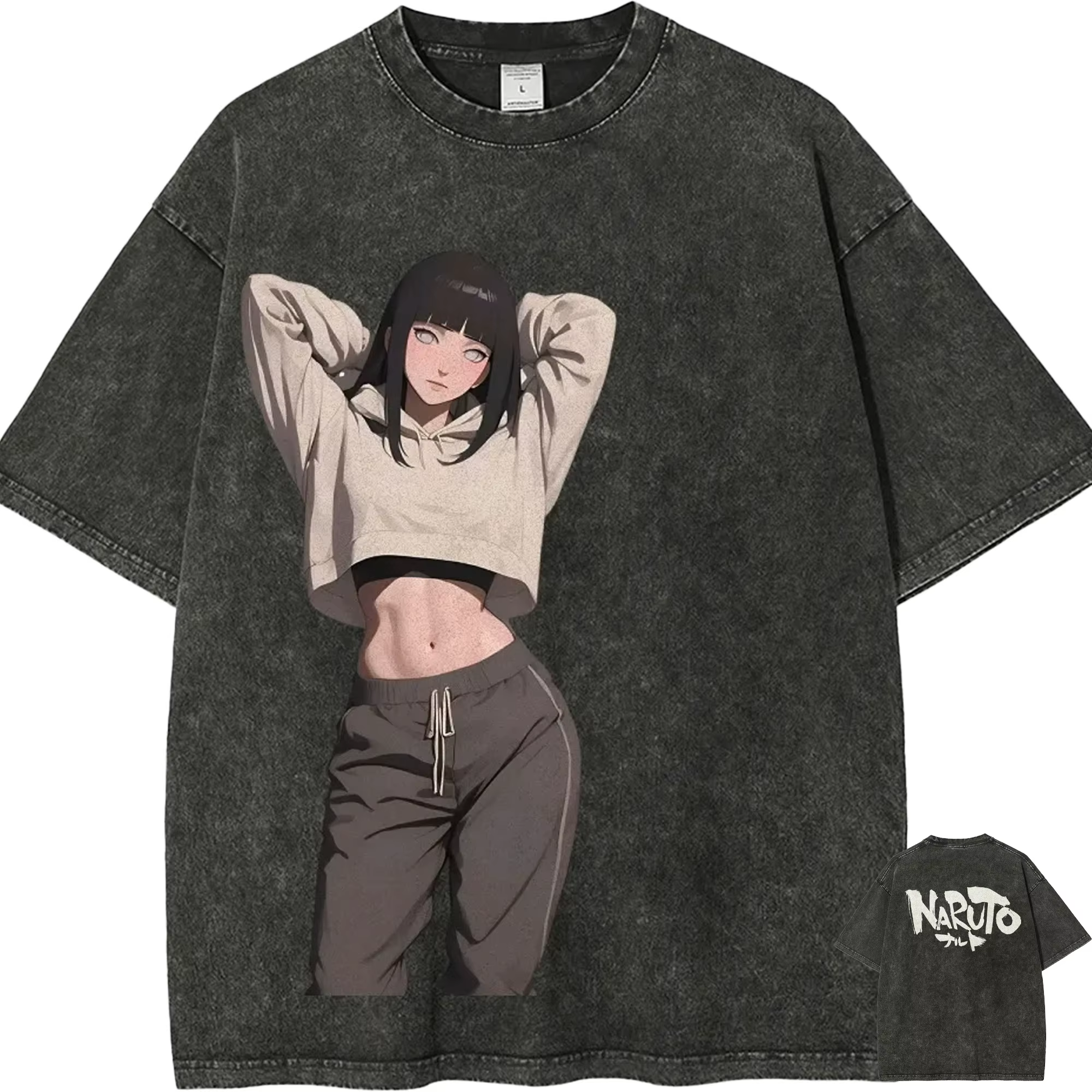 T-shirt Hinata Hyuga Naruto pour homme, motif fille anime délavé à l'acide, en coton, streetwear, By