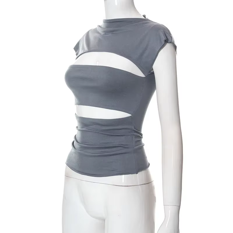 Sexy Wrap poitrine évider col roulé mince t-shirt femmes manches courtes chemise à bascule dames t-s