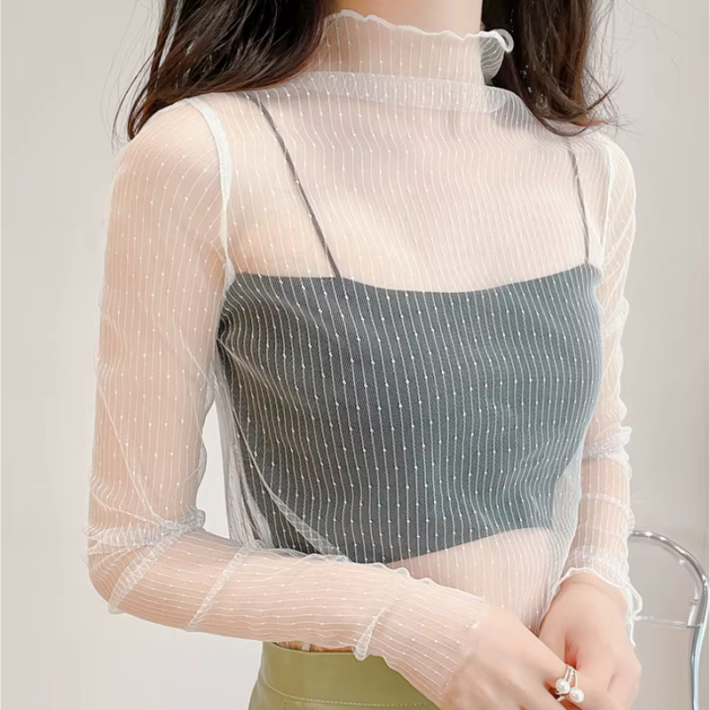 T-shirt sexy en maille et dentelle transparente pour femmes, col rond, manches longues transparentes