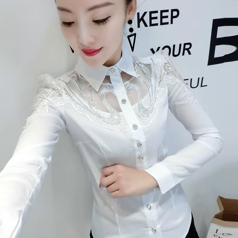 Automne nouveau à manches longues bureau dame hauts Patchwork femmes vêtements mode diamant dentelle