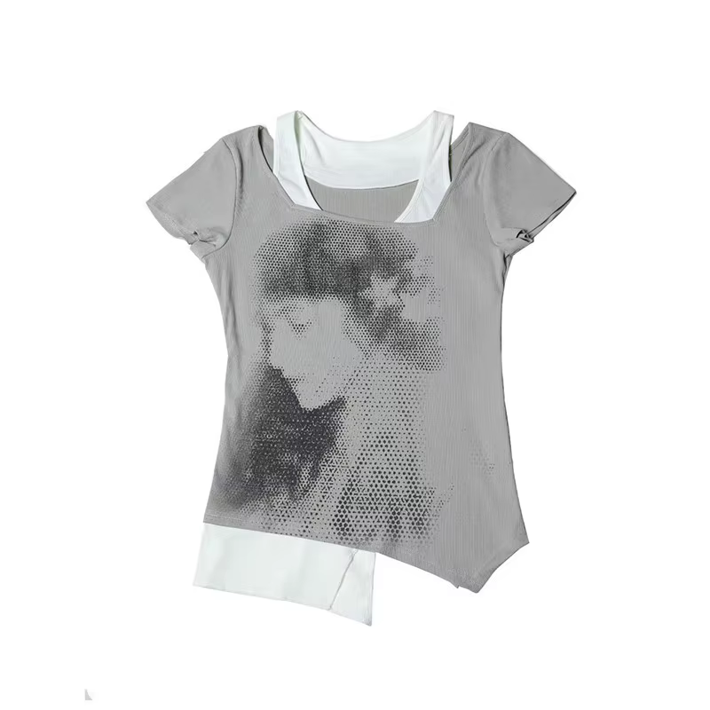 T-shirt à manches courtes patchwork vintage, faux deux pièces grunge, esthétique irrégulière, t-shir