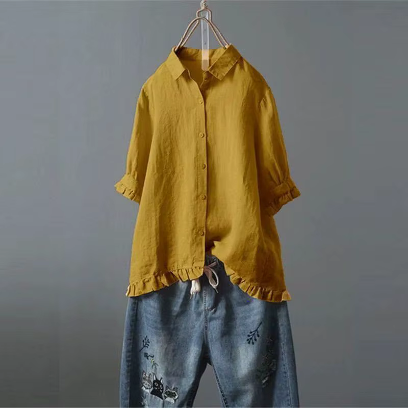 Chemise en coton et lin à manches courtes pour femme, style décontracté, boutonnage simple, bord pli