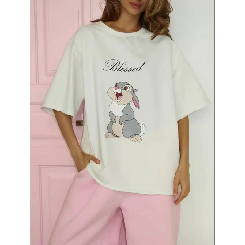 Kawaii lapin imprimé blanc 100% coton américain décontracté Streetwear femmes t-shirt à manches cour