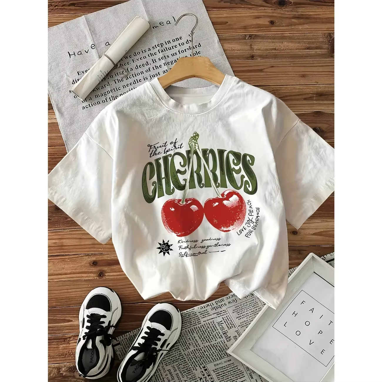 T-Shirt manches courtes col rond femme, haut décontracté avec imprimé graphique cœur cerise, Vintage