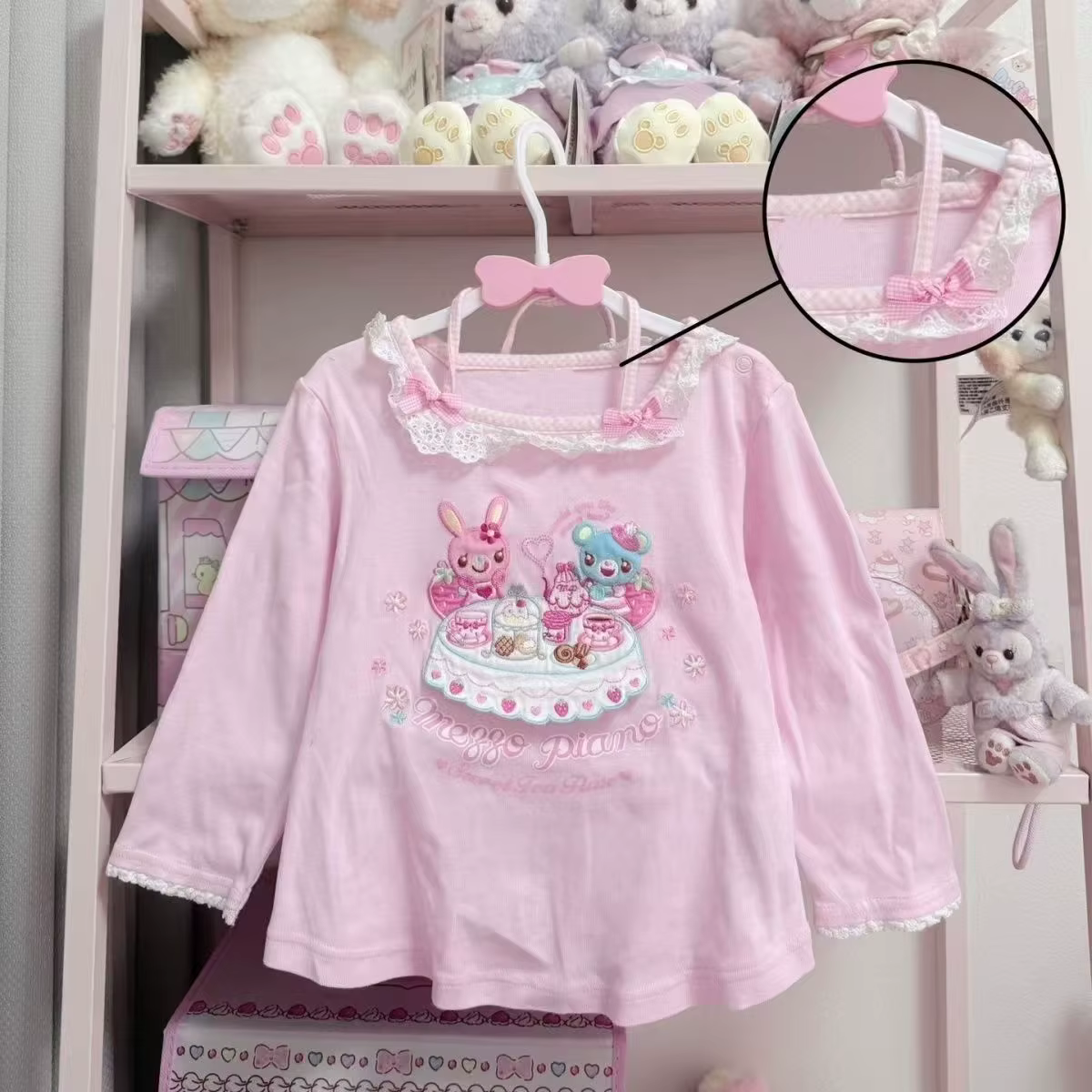 Japonais Kawaii dessin animé graphique imprimé T-shirts femmes rose doux dentelle couture hauts sous