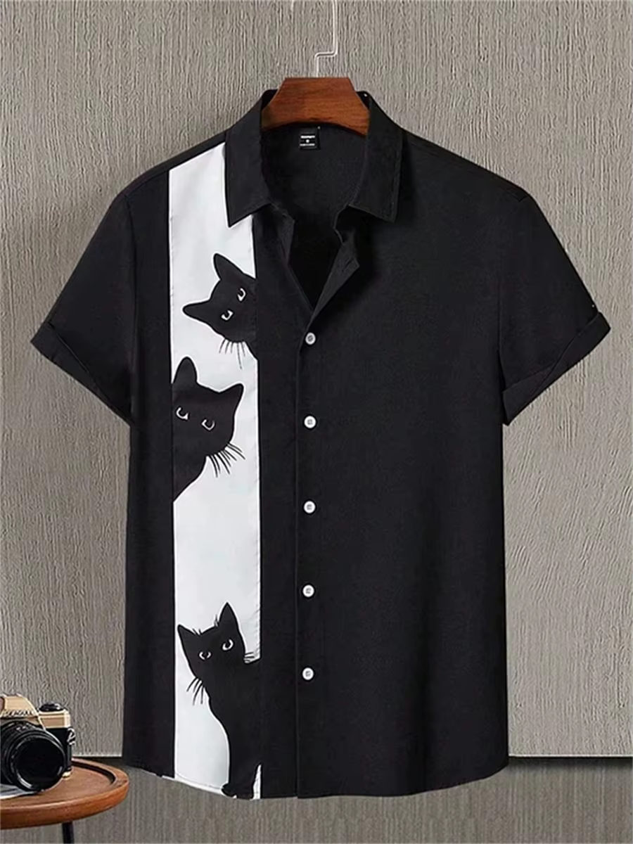 Chemise à manches courtes imprimée sur le thème du chat pour hommes, revers décontracté, coupe ample