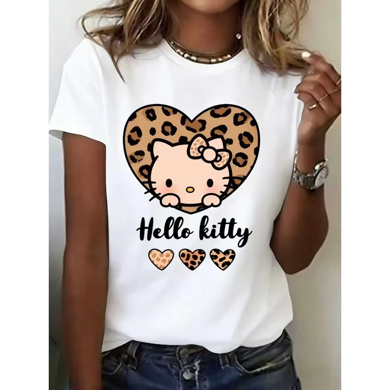 Nouveau T-shirt d'été Kawaii Hello Kitty à imprimé léopard et cœur, coupe ajustée, pour femme et fil