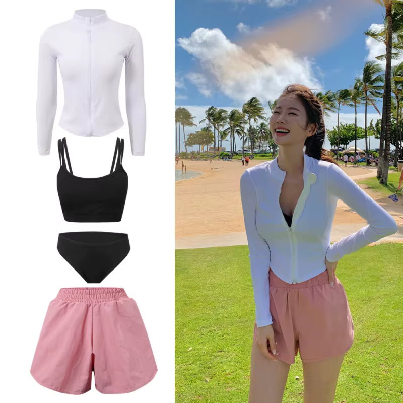 Maillot de bain 4 pièces pour femme, manches longues, protection UV, avec short de surf rembourré, p
