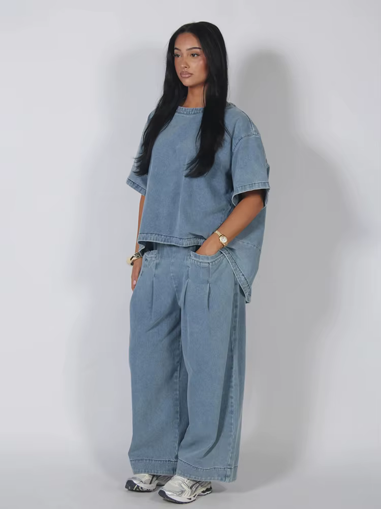 Ensemble pantalon et haut oversize en jean pour femme, style urbain, col rond, manches courtes, ourl