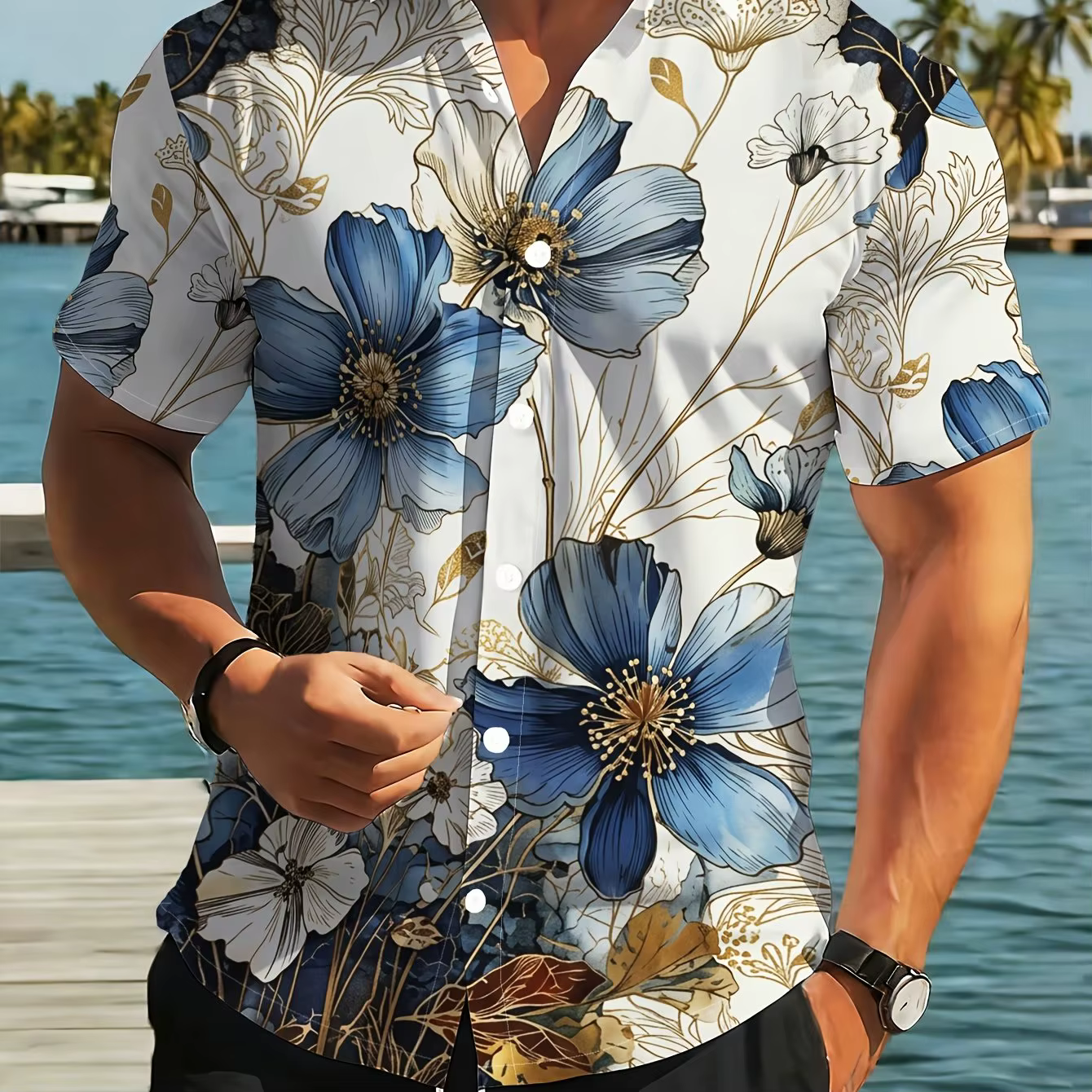 Chemise à manches courtes pour homme, imprimé floral bleu et blanc, décontractée, style hawaïen, bou