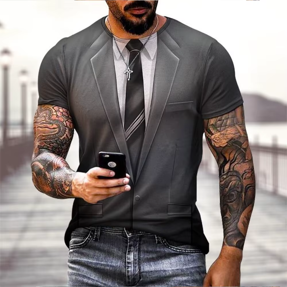 Mode d'été drôle faux costume 3D imprimé T-shirt manteau de queue cravate T-shirt hommes rue à manch