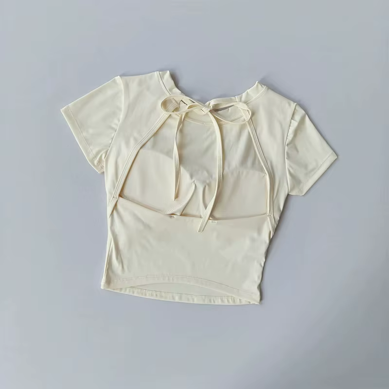 T-shirt de yoga pour femme, dos nu, découpé, avec soutien-gorge intégré et rembourré, haut d'entraîn