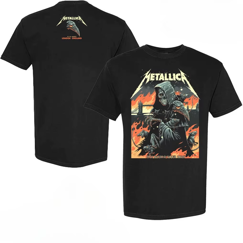 T-shirt Metallica M72 London 2026 avec les dates de la tournée mondiale des membres du groupe