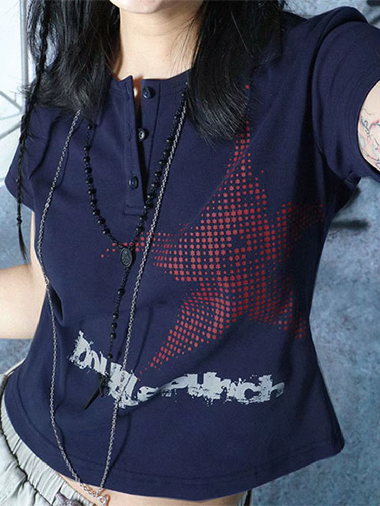 Haut court à manches courtes et col rond pour femmes, T-shirt graphique, Streetwear à motif d'étoile