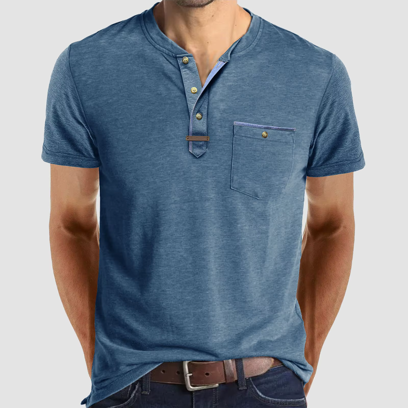 T-Shirt à Manches Courtes pour Homme, Décontracté, Col Rond, Boutonné, avec Poche, Vintage, Délavé