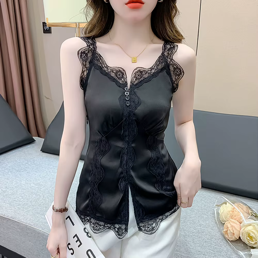 Camisole en dentelle à l'acide acétique pour femme, haut en dentelle, blanc, noir, mince, précieux, 