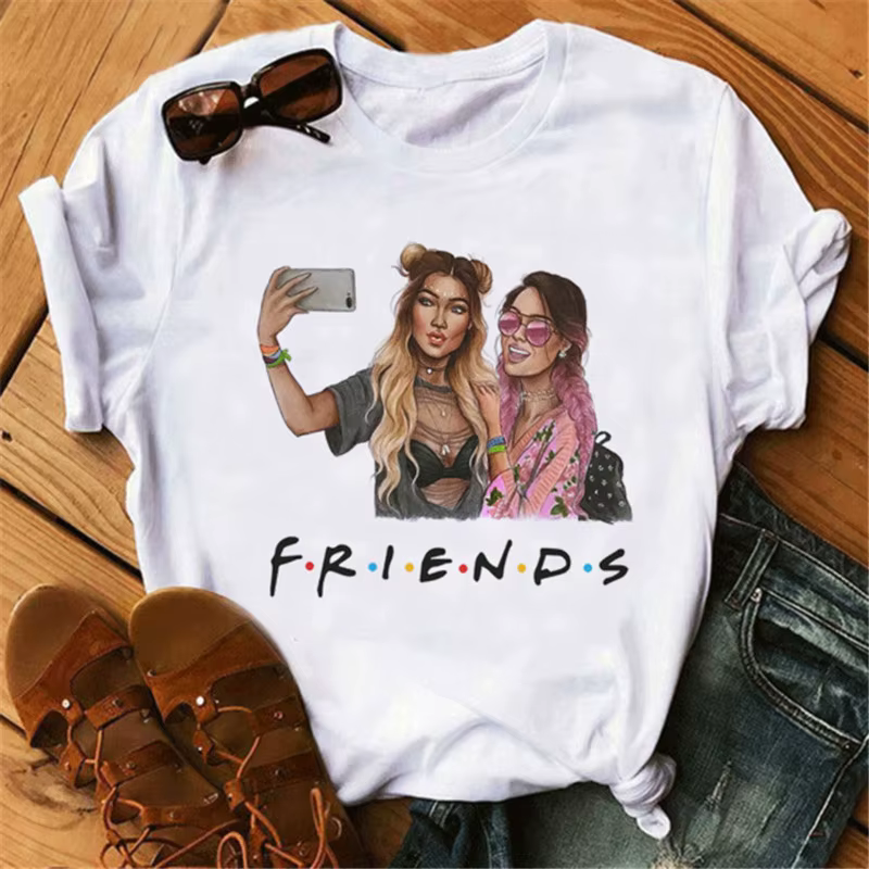 T-shirt à col rond imprimé dessin animé Good Friends pour femme, haut graphique, manches courtes, dé