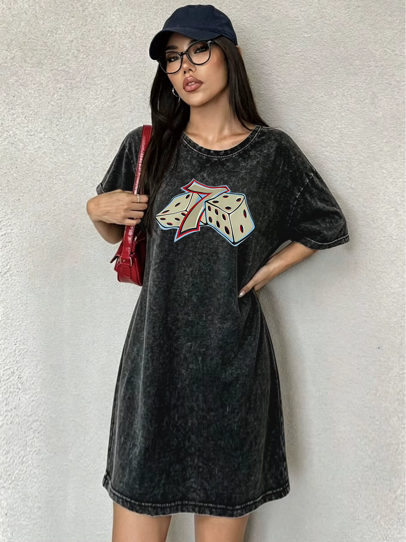 Robe T-shirt vintage délavée pour femme, robe élégante et polyvalente avec imprimé dés