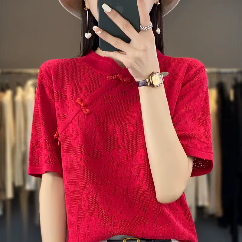 T-shirt à manches courtes pour femme, pull creux en jacquard tridimensionnel, t-shirts d'été, pull c