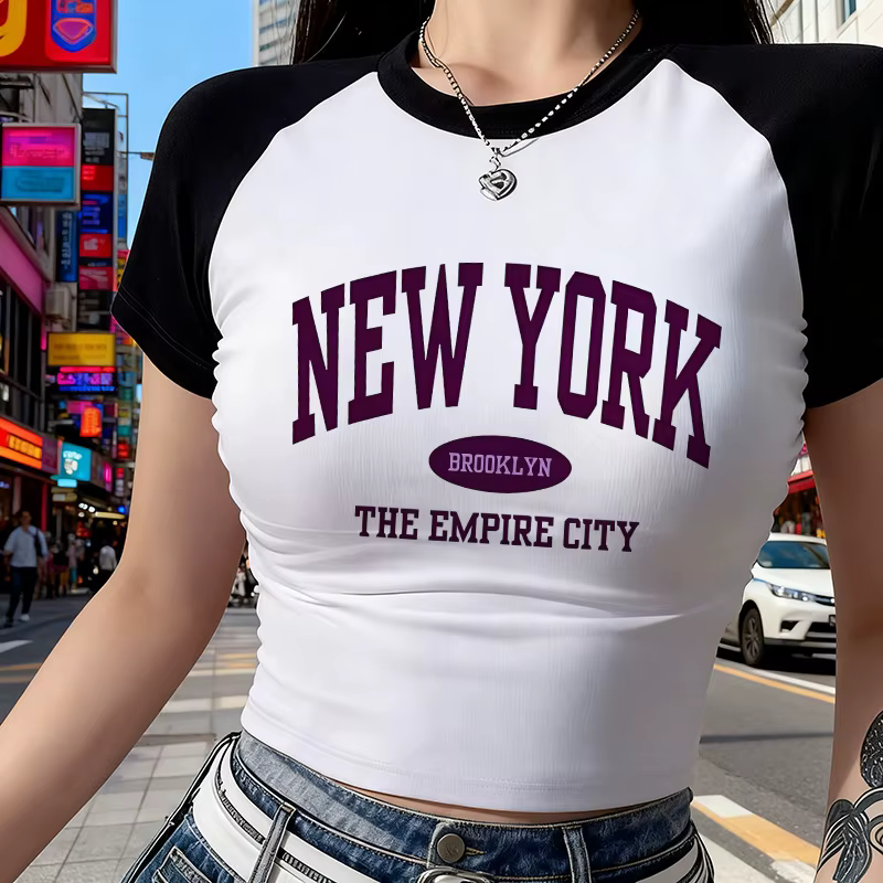 T-shirt court à col rond imprimé Lettre New York pour femme, T-shirt graphique sexy à manches courte