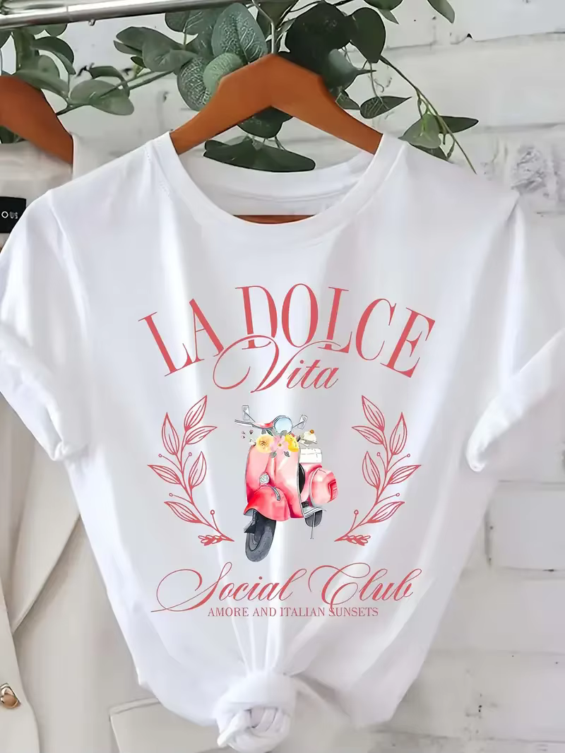 La Dolce Vita imprimé femmes col rond T-Shirt décontracté à manches courtes lettre imprimer printemp