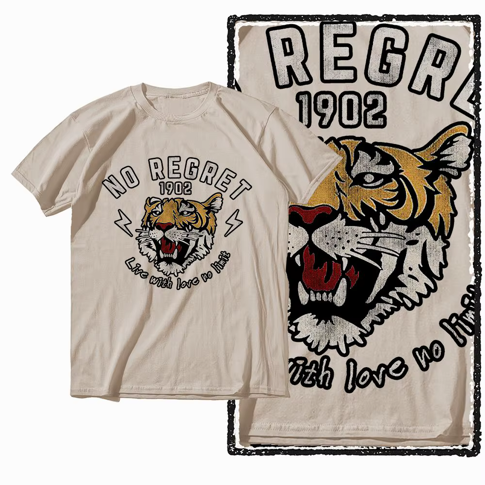 T-shirt pour homme en coton vintage beige imprimé tigre G41 |   T-shirt Homme Col Rond Grande Taille