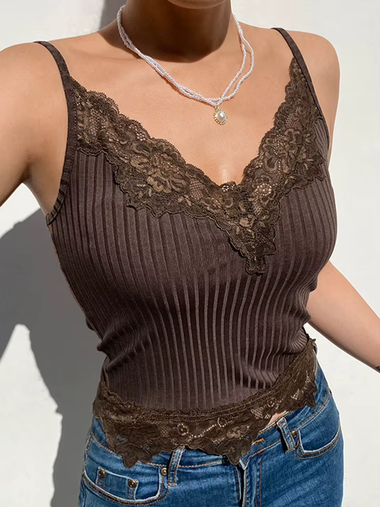 Goth – débardeur en dentelle pour femmes, esthétique, Patchwork, Sexy, col en v, marron, rétro, haut