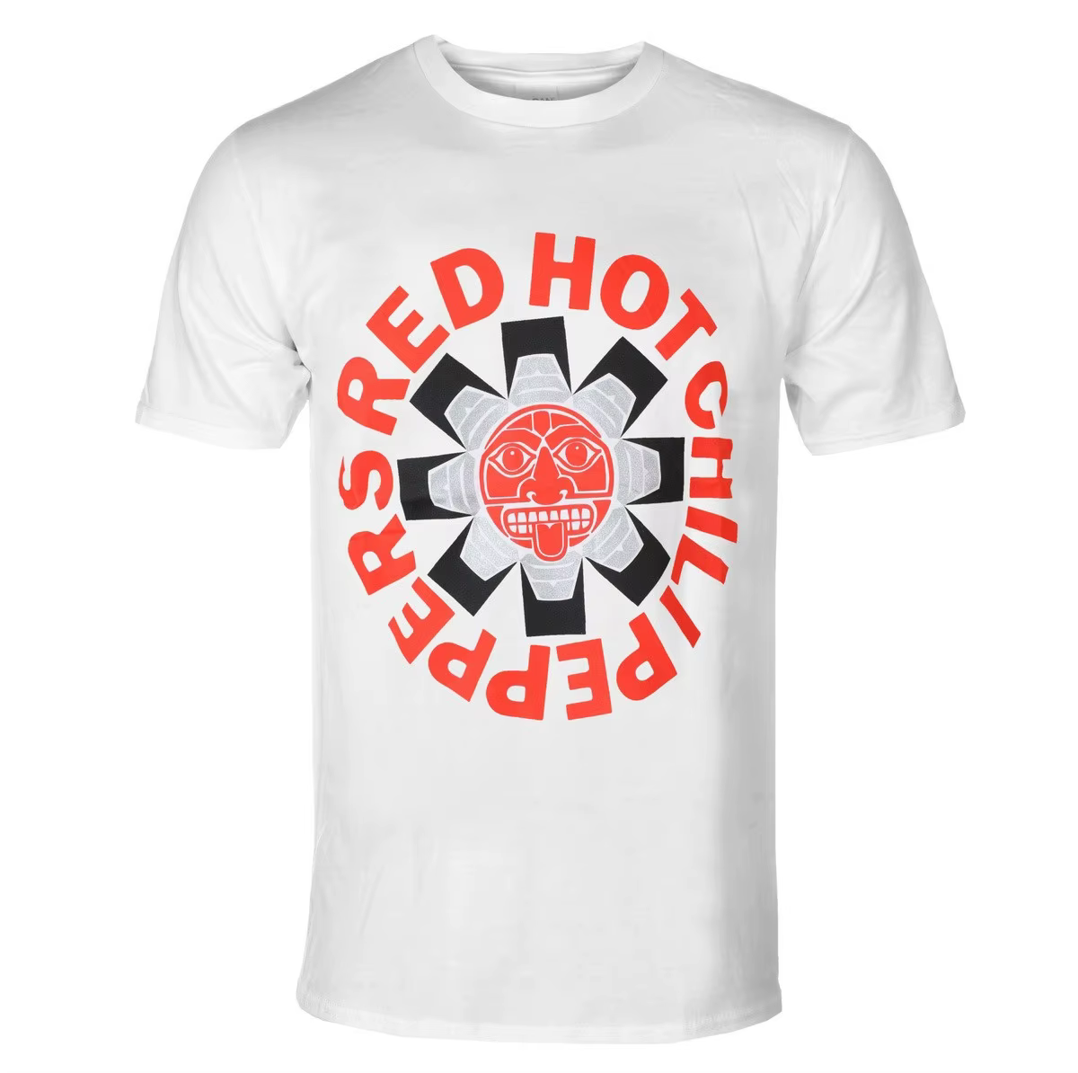 T-shirt graphique du groupe Red Hot Chili Peppers avec lettres rouges circulaires vieillies et étoil