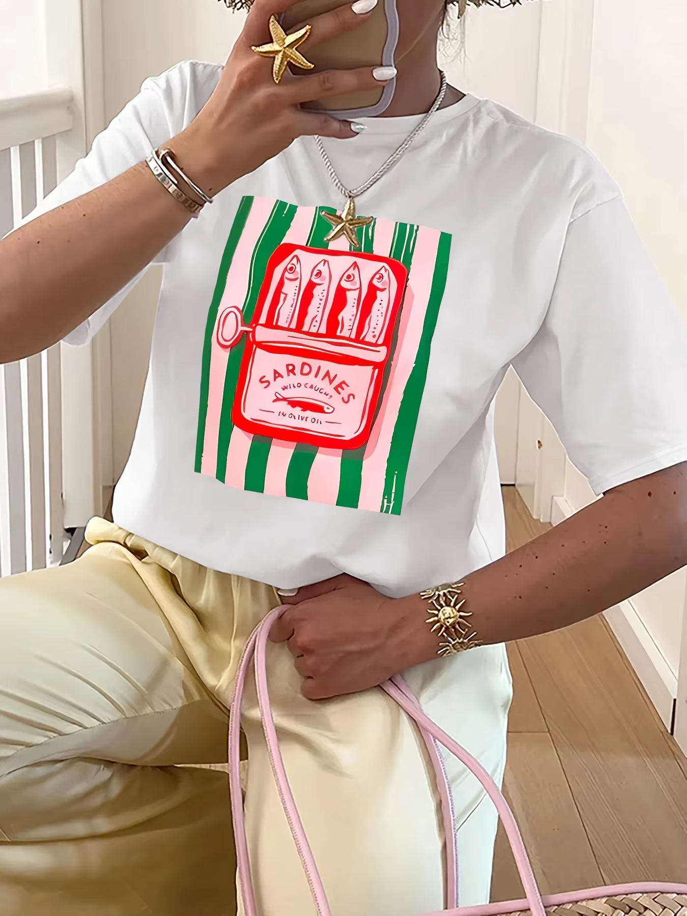 Sardines peuvent motif imprimé femmes T-shirts décontractés décontracté polyvalent femmes été à manc