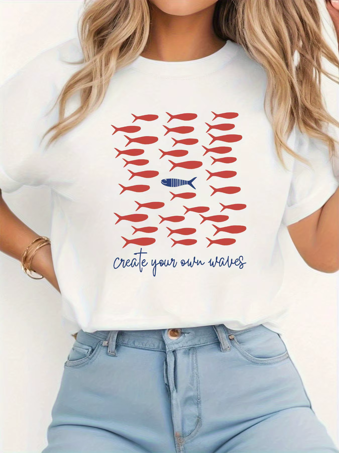 T-Shirt graphique «créez vos propres vagues» pour femmes, haut décontracté à col ras du cou avec let